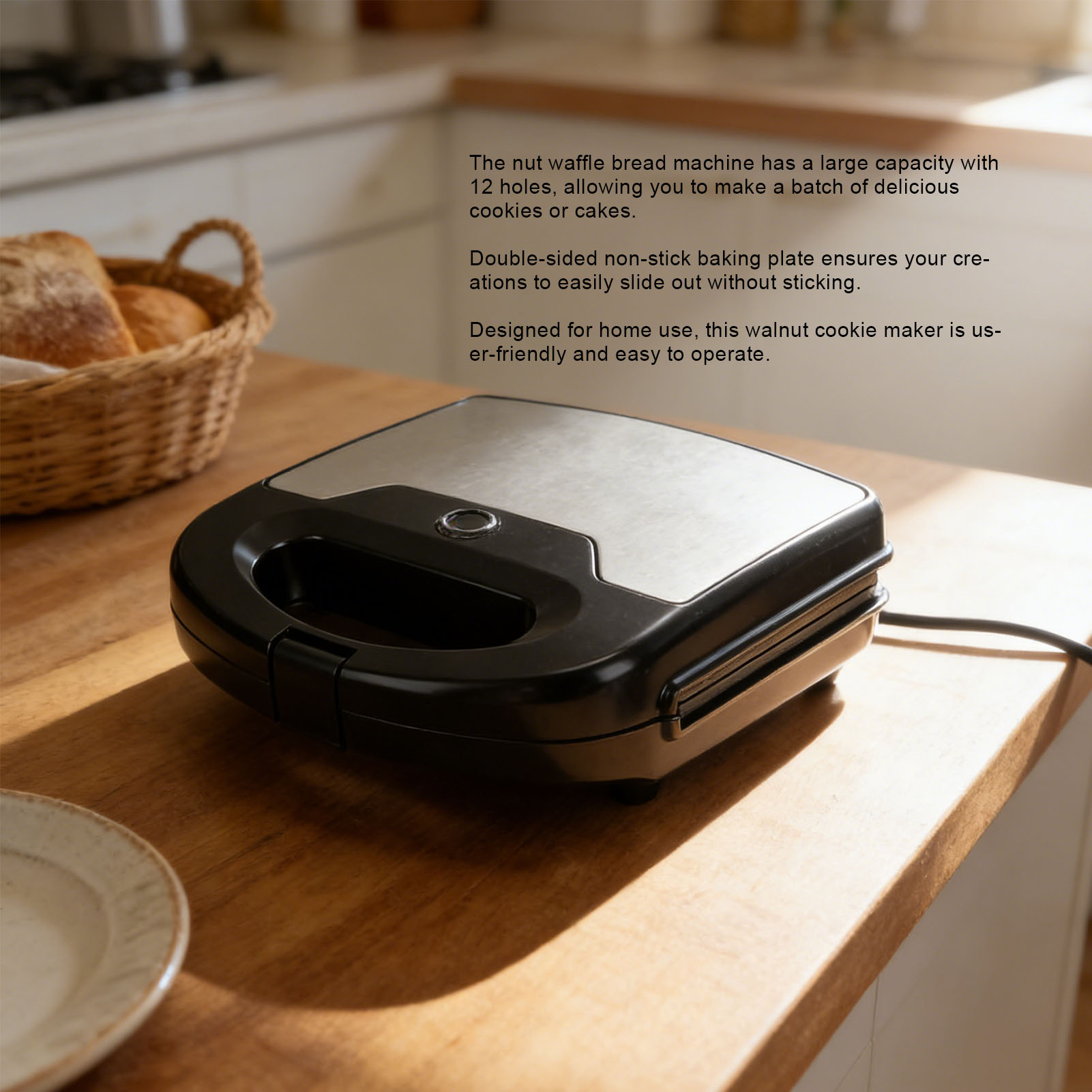 Mini Waffle Maker Machine - เครื่องทำคุกกี้วอลนัท 12 ชิ้น แบบไม่ติดกระทะ สองด้าน เครื่องทำขนมวาฟเฟิลขนาดเล็ก