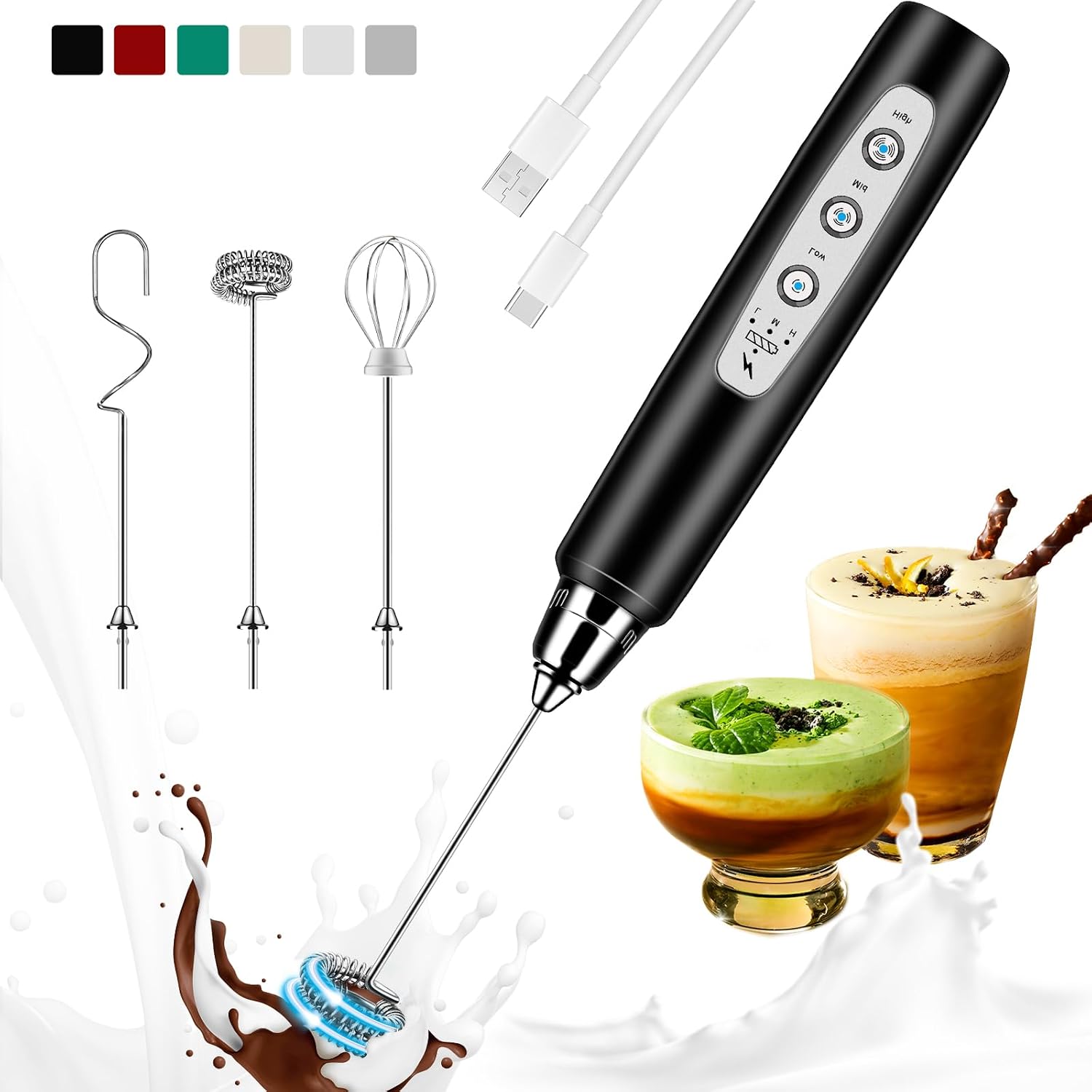 Electric Milk Frother Handheld - เครื่องตีฟองนมแบบชาร์จไฟได้, เครื่องตีฟองนมไฟฟ้า 3 ระดับความเร็วสำหรับกาแฟ, ลาเต้, คาปูชิโน่,